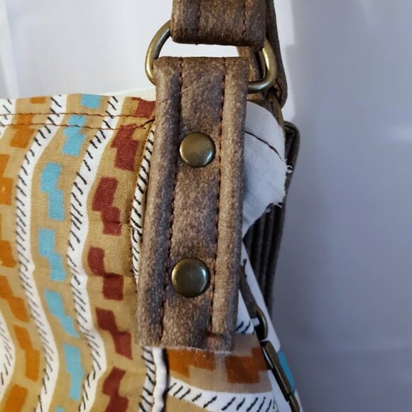 New Vinyl Double handle Shoulder Satchel Bag Purse Brown Aqua Southwestern print - Picture 6 of 12
